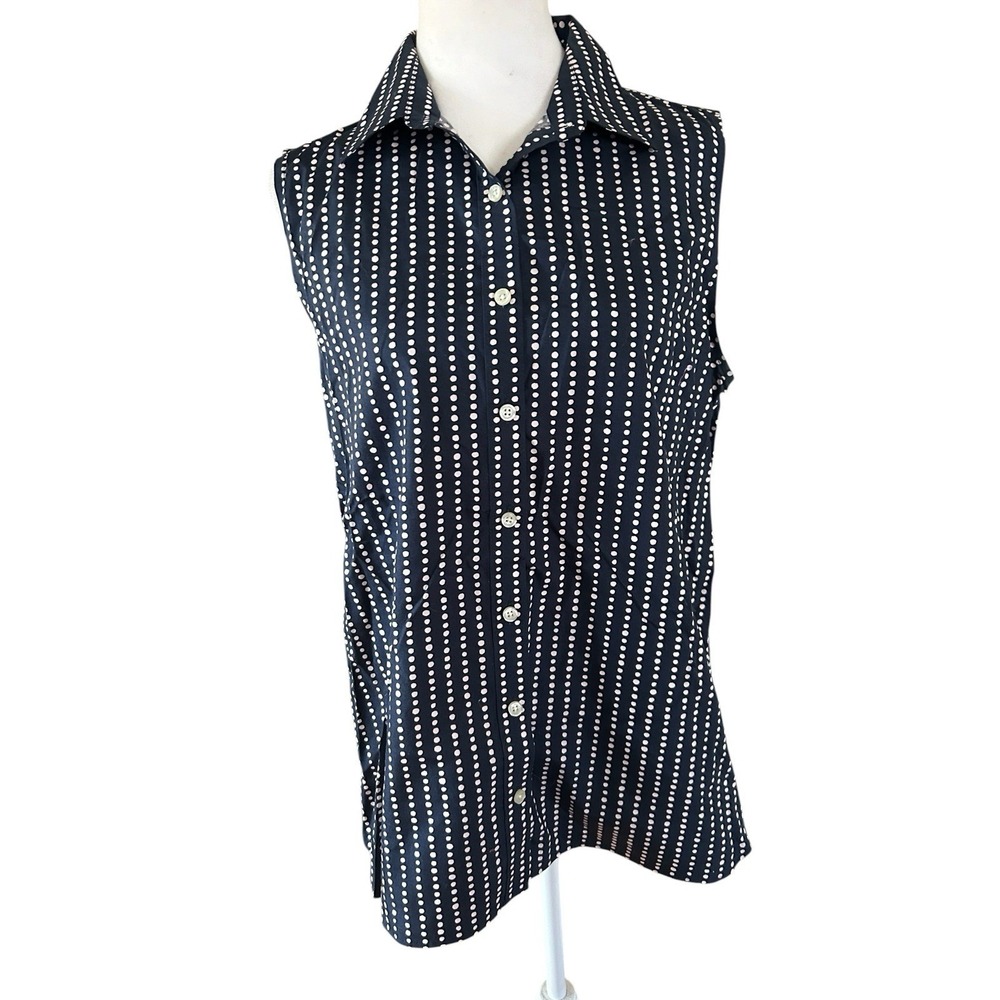 Lands End Sleeveless Button Front Shirt Black Polka Dots Womans SZ 12 No Iron